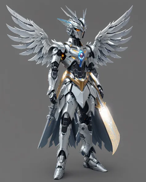 Close-up of a man with a sword and wings, Angel in metal armor, futuristic robot angel, armor angle with wing, unreal engine render saint seiya, detailed cosmic angelic robot, glossy white armor, Mecha wings, greek god in mecha style, clothed in ethereal b...