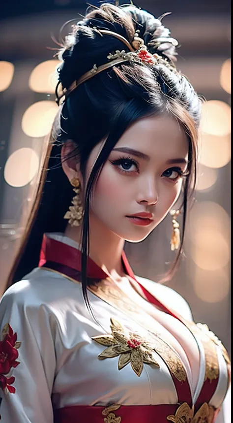 top-quality、​masterpiece、hight resolution、Wuxi 1girl、(gold Chinese dress)、((Super beautiful face))、Super beautiful eyes、Super beautiful hair、(cleavage of the breast、exposed breast、Sexy cleavage、very highly detailed breasts)、