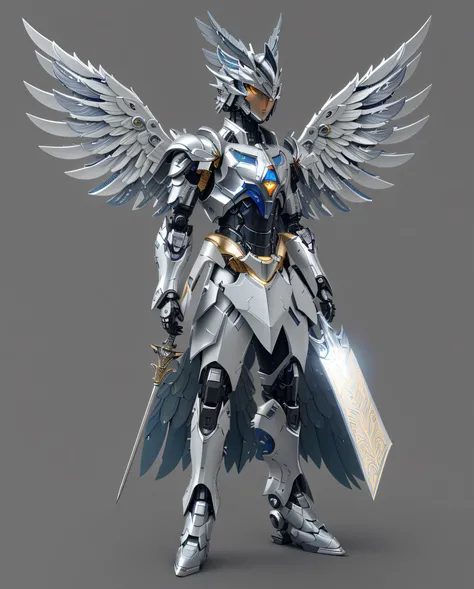 Close-up of a man with a sword and wings, Angel in metal armor, futuristic robot angel, armor angle with wing, unreal engine render saint seiya, detailed cosmic angelic robot, glossy white armor, Mecha wings, greek god in mecha style, clothed in ethereal b...