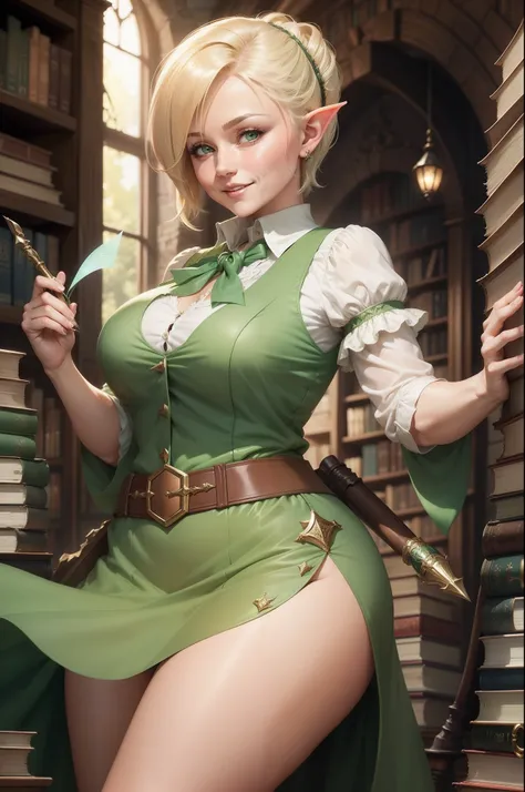 cute sexy chubby mature female fairy cleric with pointy ears, short blonde hair and a wicked smile on her face. She is wearing a green dress and surrounded by piles of books. There is a book and a quill attached to her hip and she has a waistcoat with pock...