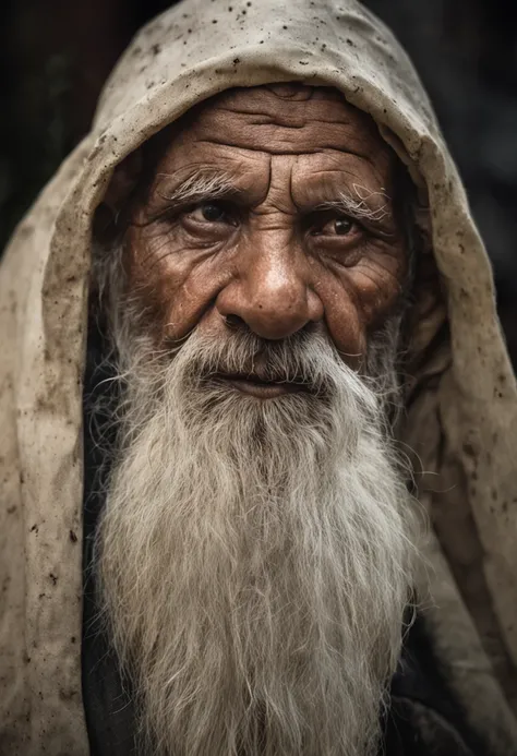 Epic close-up portrait，Strongly sinister eyes in old age，Long white beard with a long nose，(bald-headed)，Framed with a faded old, tattered white linen hood，reflecting golden sparks in the irises of the eyes，White eyebrows，is in night，dramatic  lighting，hig...