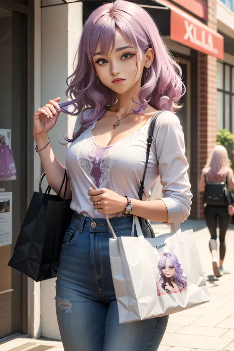 (CG extremamente detalhado, obra-prima, melhor qualidade), Estilo anime, mulher, lilac clothing, cabelo preto, smiling with shopping bag in hand.