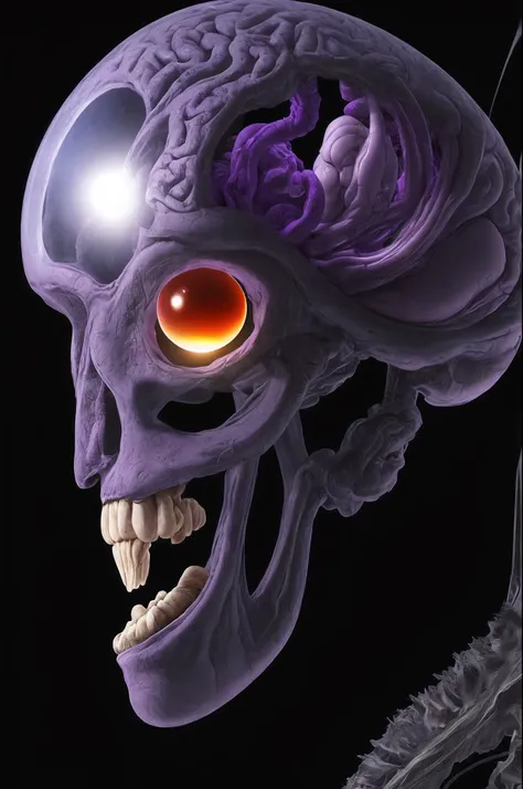 veiny alien head in the middle of a brain-like orb in a purple room