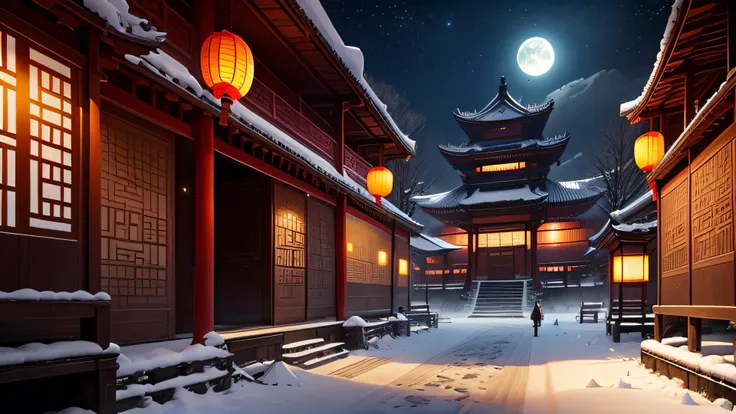 （Ancient Chinese beauties dancing：1.5），Surreal CG rendering ancient China，Jiangnan ancient buildings and ancient towns have Yaolin wonderland。the night，the huge moon：1.5，The stars are bright，The smoke is fascinating，Maple and milk leaves are trees。snow lan...