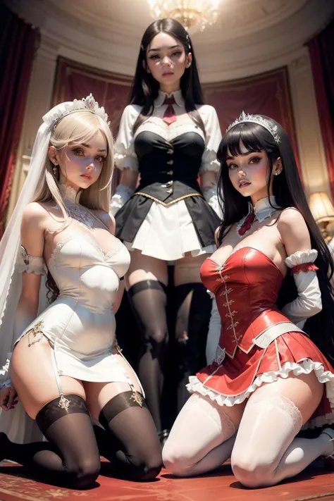 Multiple sexy servant girls standing or kneeling in front of the protagonist princess，Maid skirt and stockings in the background, The protagonist is a noble young princess sitting on a throne in a bridal wedding lace dress and stockings, Full body shot, Sh...