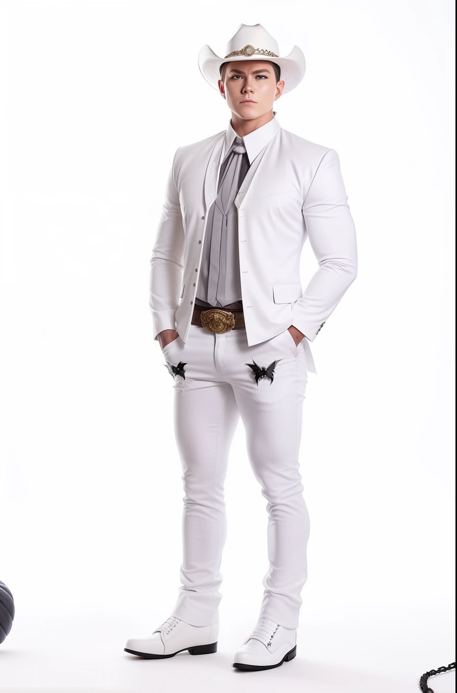 there is a man in a cowboy hat and white pants, white russian clothes, full body with costume, white jacket, full body photograph, an all white human, photo from a promo shoot, fullbody photo, white suit, white pants, in white clothes, full body photgraph,...