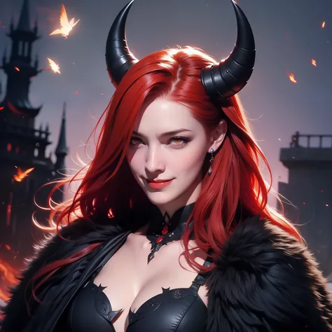 a woman, with red hair, orange eyes, black horns, evil face, wicked smile, flying hair, medieval destruction background, evil smile