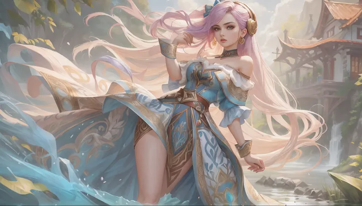 style of league of legends，Woman in off-the-shoulder clothes，Life-size colorful long hair，Serious expressions，Complex clothing，Beautiful patterns are engraved on clothes，Fair and attractive thighs are exposed，The long skirt swayed in the wind，Creek reflect...