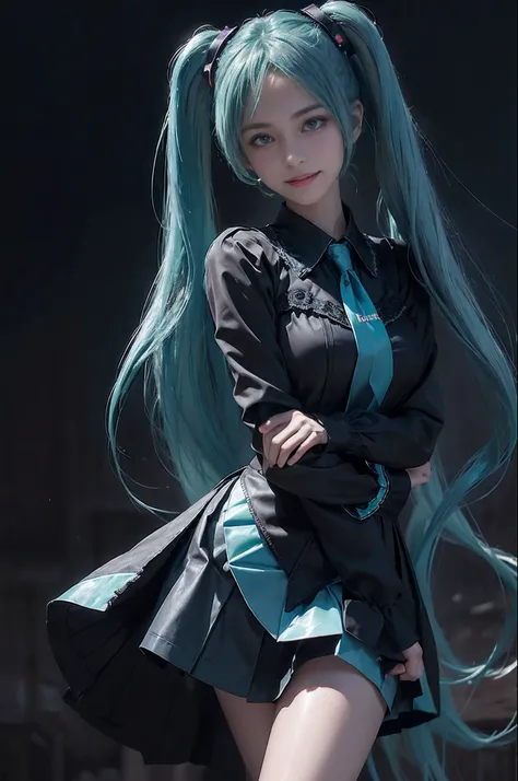 (((hatsune miku charakter))), (((tosca hair color))), ((long twin tail hair with pony)), looking at the view, eyes on the view, (((smile))), 21 years old girl, perfect body, perfect anatomy, tosca eye color, double eyelids, huge breasts, Highly detailed sk...