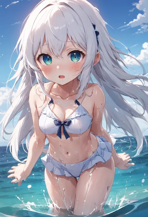 Cute loli，Wet da，Barefoot and barefoot，swimming uniform，white  panties，largeeyes，long  white hair，Leaky shoulders，sea beach