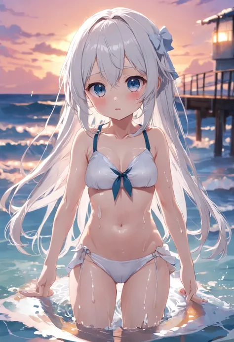 Cute loli，Wet da，Barefoot and barefoot，swimming uniform，white  panties，largeeyes，long  white hair，Leaky shoulders，sea beach