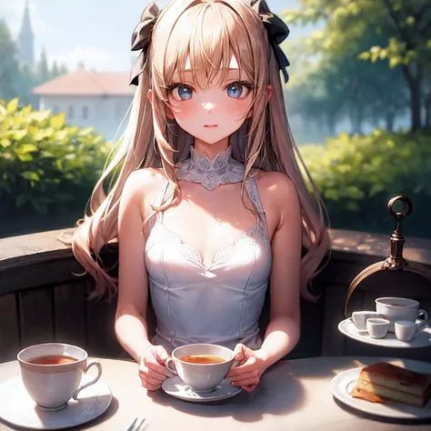 (illustration,masterpiece,best quality,high resolution),1 girl,small breasts,long hair,blonde hair,blue eyes,white dress,bare shoulders,tea party,upper body,table,cake,outdoors