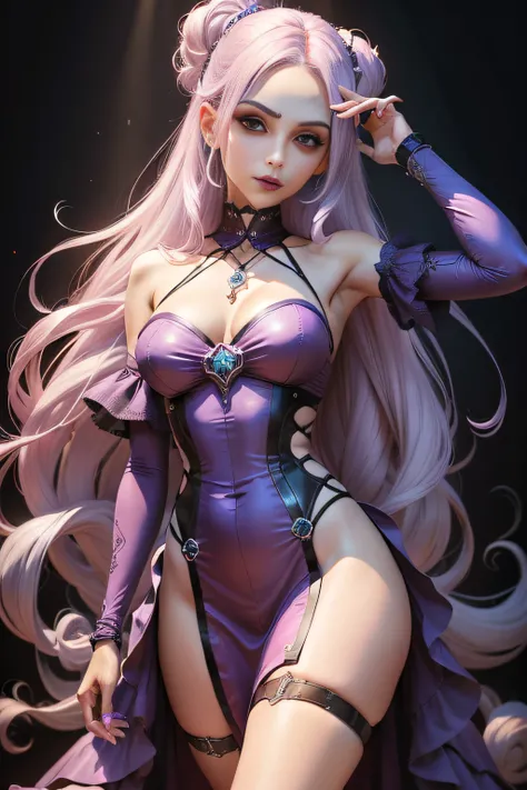 (CG extremamente detalhado, obra-prima, melhor qualidade), Estilo anime, Woman with lilac hair, vestindo roupa preta,  with handwatch.