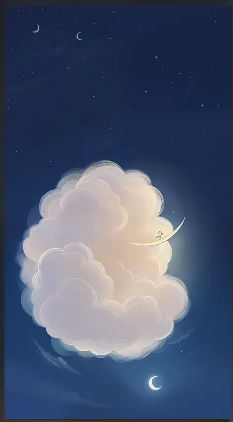 Draw a white cloud，There is a crescent moon in the cloud, in the cloud，blurry and dreamy illustration，Float under the stars，painting of a dreamscape,  dreamlike digital painting，Little girl with bleaching hair lying on the crescent