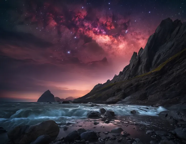 water, Sea, Dark sky, rain, Mountains, stars, Starfall, milky ways