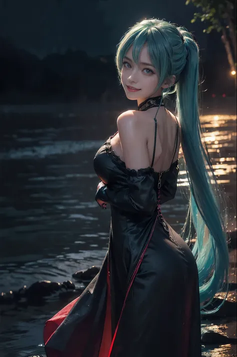 (((hatsune miku charakter))), (((tosca hair color))), ((long twin tail hair with pony)), looking at the view, eyes on the view, (((smile))), 21 years old girl, perfect body, (((perfect anatomy))), tosca eye color, double eyelids, (((huge breasts))), Highly...