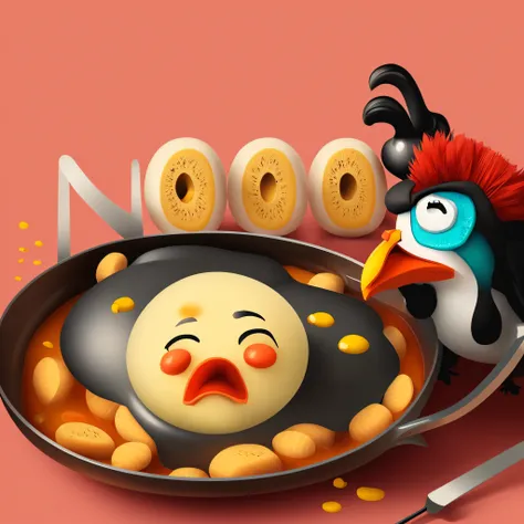 galinha dos desenhos animados e ovo com um rosto triste em uma frigideira, negao, noot noot, funny illustration, amazing food illustration, humorous illustration, Meio-dia, painting digital adorable, frango antropomorfizado, imagem de comida super realista...