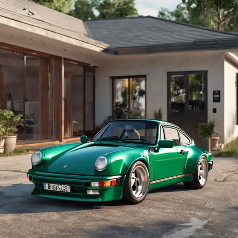 The Alapard Green Porsche 964 is parked in front of the garage, Highly detailed Hyper Real Retro, Porsche 964, Porsche 964,, highly detailed 3d render, highly detailed 3d render, Porsche 964, 3D Hyper-realistic rendering, porch, Surreal renderings, hyperre...