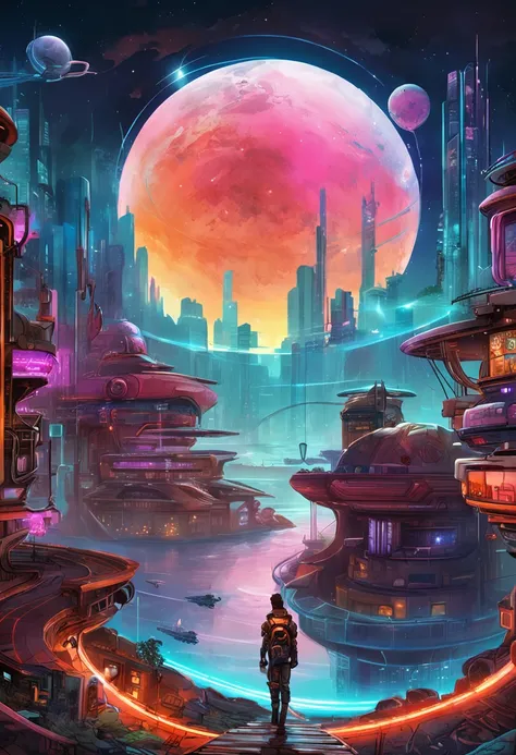 "Inmerso en un cyberpunk inspirado, Neon-soaked world, captivated by the surreal vision of a ring-shaped planet dominating the sky, lleno de fascinante arte digital."