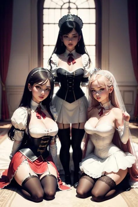 Multiple sexy servant girls standing or kneeling in front of the protagonist princess，Maid skirt and stockings in the background, The protagonist is a noble young princess sitting on a throne in a bridal wedding lace dress and stockings, Full body shot, Sh...