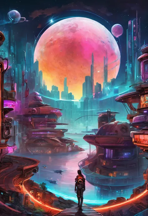 "Inmerso en un cyberpunk inspirado, Neon-soaked world, captivated by the surreal vision of a ring-shaped planet dominating the sky, lleno de fascinante arte digital."