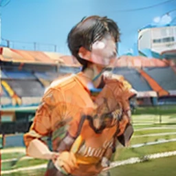 1boy, with orange shirt in football ground