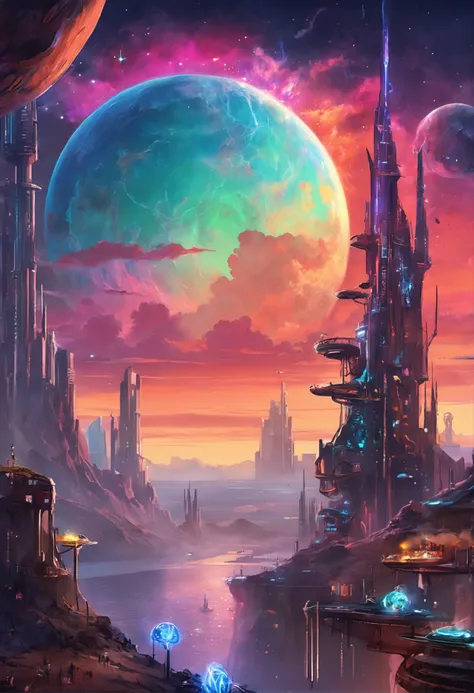 "Inmerso en un cyberpunk inspirado, Neon-soaked world, captivated by the surreal vision of a ring-shaped planet dominating the sky, lleno de fascinante arte digital."