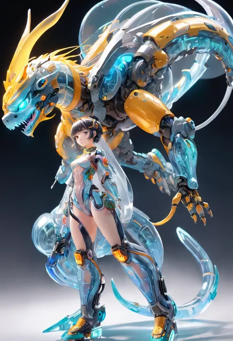 chinesedragon, (Blind box toy style:1.2), (Full body shot) , 1 Transparent girl,Behind him is a transparent Chinese dragon, Transparent mech, Exquisite helmet:1.2, Luminous goggles:1.2, Cyberpunk, dreamy glow, luminous neon lights, Clean, White background,...