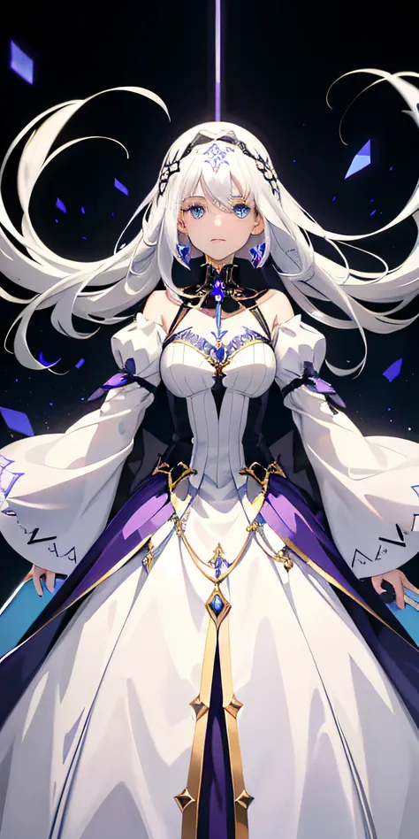 Girl with white hair and blue eyes，Wear a purple mechanical long dress，The skirt is embellished with jewelry，Contains cross elements，Reach out and touch the sky to look into the camera，In the age of steam