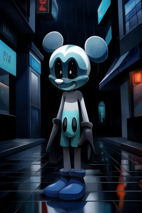 mickey mouse, black gloves, cyan tongue, black eyes with white pupil, sad expression, crying, tears, expressive, dynamic frontal...