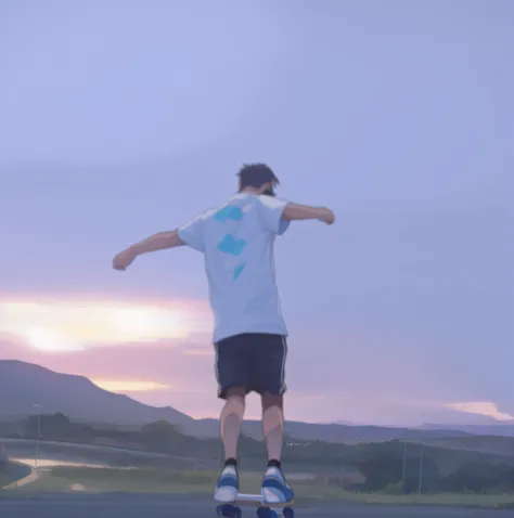 There was a man on a skateboard on the road, With sunset, still from a music video, with a sunset, running and falling on clouds, low quality footage, it is sunset, t-poses, t - pose, lofi feel, his arms spread. ready to fly, lofi, music video, Correr libr...