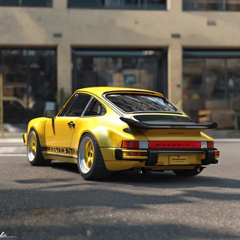 The Alapard Yellow Porsche 964 is parked on the road, Highly detailed Hyper Real Retro, Porsche 964, Porsche 964,, highly detailed 3d render, highly detailed 3d render, Porsche 964, 3D Hyper-realistic rendering, porch, Surreal renderings, hyperrealistic 3D...