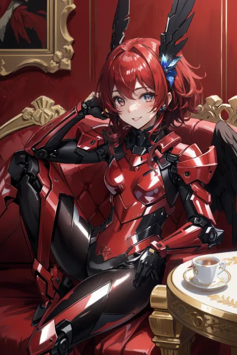(master piece, Best Quality), Intricate details, (((Laugh))), valkyrie, (((kawaii))), Cheerful smile, Looking at Viewer, Deep Red Feather Headgear, Night, (((In the Red Room))), red wall, Sitting, Hand up, 15yo student, Upper body, light Particle,
1girl...