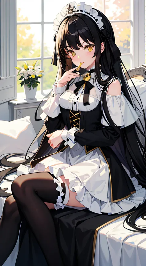 masterpiece, best quality, heterochromia , light smile, long hair, black hair, girl, yellow eyes, lolita_fashion, white kneehighs, hand_to_mouth, leg_hug,