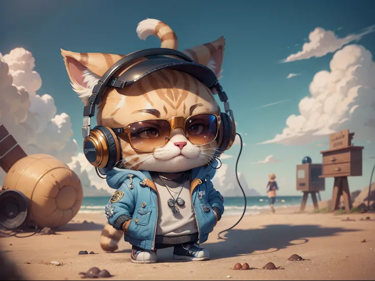 One in a jacket，Tabby cartoon cat wearing headphones and sunglasses，(c4ttitude:1.3), At the barbecue stand, Surreal and intricate details,