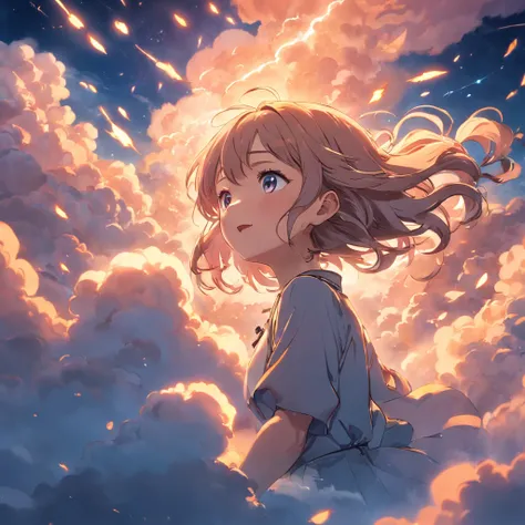 masterpiece, best quality, movie still, 1girl, cloud girl, floating in the sky, close-up, bright, happy, warm soft lighting, sunset, (sparks:0.7)