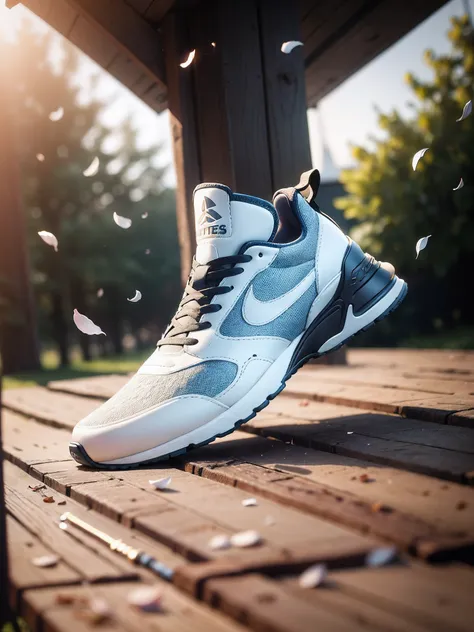 Sneakers on wooden table，There were some petals scattered on the table, Professional photography, Cinematic lighting, Intricate details, Ultra photo realsisim, Realistic texture, Landscape background with complementary colors, Details ，8k，Cinematic texture...