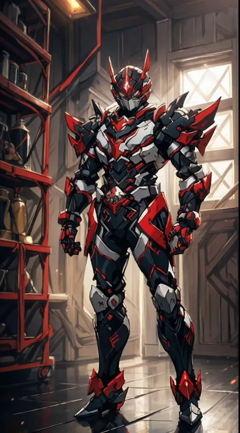 A man wearing a full-face helmet that covers most of his face, adorned in a biomimetic fantasy-style armor, the predominant black color is accented with red textures in the design this character embodies a finely crafted fantasy-style armored warrior desig...