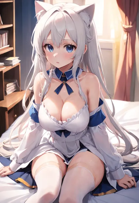 Lori huge breasts cleavage，Cat Lori，Cry，White stockings，Bedrooms，whaite hair，Pure，Cute loli，long whitr hair，Leaky shoulders，Barefoot，head looking up，shift dresses，white  panties，largeeyes，Anime cute face，Loli，Long white socks，Lift the skirt，Leakage，Close-u...