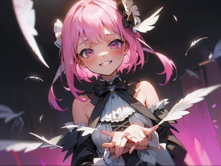 {Moist feather(hololive)}, 1girl, {Light pink shortcuts}、​masterpiece、top-quality、grinning evily、{Diabolical}、A black、{full bodyesbian}、ambition、