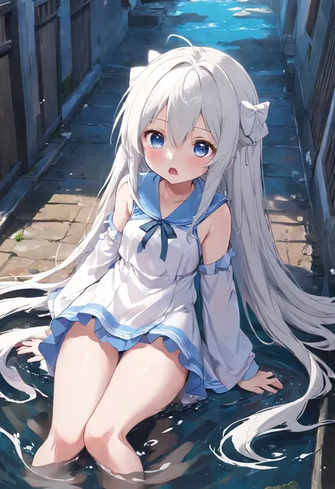 Cute loli，long whitr hair，Leaky shoulders，Barefoot，head looking up，Lie on the ground，Raise your feet，shift dresses，white  panties，largeeyes，Anime cute face，Loli，Long white socks，Wet da