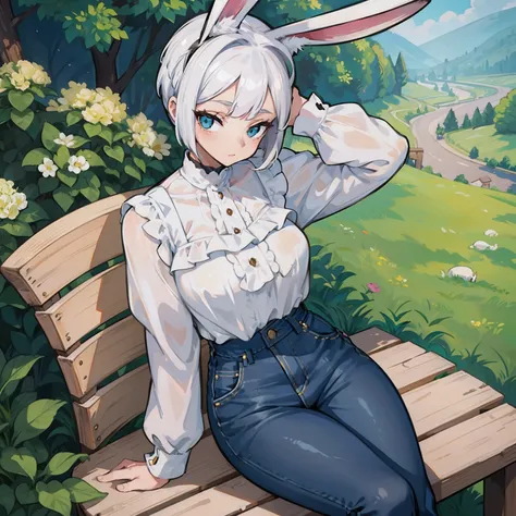 A stylish woman with a stunning short white hairdo and a cute bunny ear headband, dressed in a chic white blouse and trendy jeans, enjoying a peaceful moment on a rustic bench in the picturesque countryside