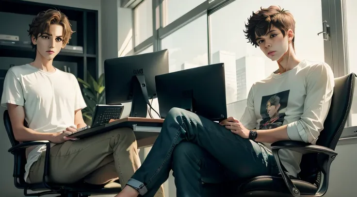 A self-media creator，Young and slightly mature males，Sitting in a computer chair，Casual and casual attire，Good image，Plus a scientific and technological background，Bright tones