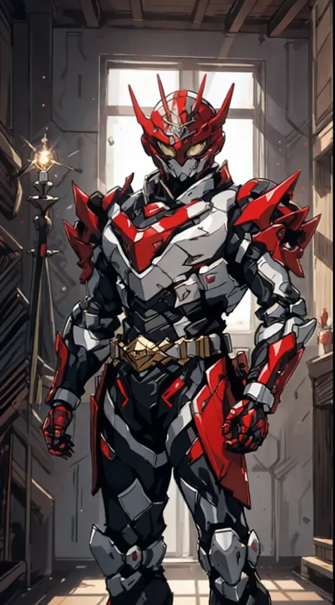 A man wearing a full-face helmet that covers most of his face, adorned in a biomimetic fantasy-style armor, the predominant black color is accented with red textures in the design this character embodies a finely crafted fantasy-style armored warrior desig...