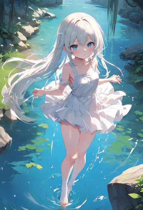 (HD illustrations),The best picture quality, The best lighting effects,With blue eyes,stubasa(silber hair:1.3+whaite hair), Lakeside clear pond, Petite slender legs,Short white skirt,Splash water,Fresh face,Pure and lovely，Cute loli，long whitr hair，Leaky s...