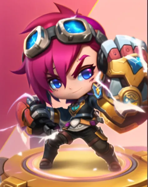 Close-up of a man with pink hair and goggles, Arcane Jinx, kda, brown tanned skin, tchibi, character art of maple story, vi from arcane, Katarina, League of Legends character, maple story gun girl, style league of legends, riot games, wild rift, brown tann...