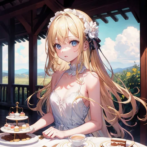 (illustration,masterpiece,best quality,high resolution),1 girl,small breasts,long hair,blonde hair,blue eyes,white dress,bare shoulders,tea party,upper body,table,cake,shiny skin,outdoors