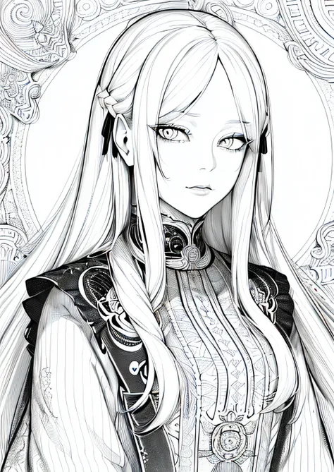 1girl (adult woman:1.2) witch (very_long_hair, white_hair:1.3) (portrait:1.3) yakuza, ganster (coloring book, masterpiece, realistic:1.3), (extremely intricate:1.2), (sketch, doodles, monochrome, lineart:1.2) (by WLOP:1.3)