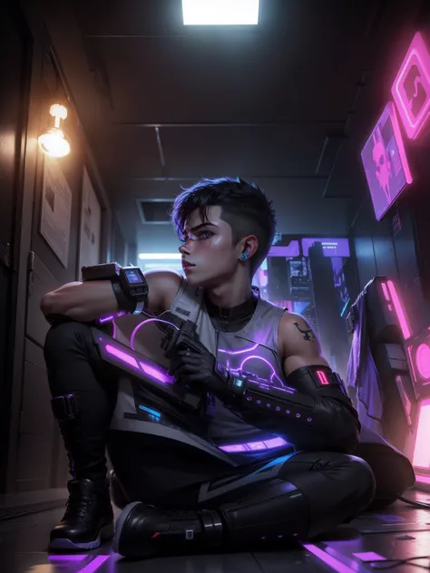 Change background cyberpunk handsome boy, realistic face, 8k, ultra realistic, cute little boy, 
Real face, neon,