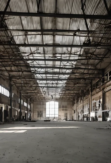 Sure, here is the text to image prompt without mentioning the laser cutting machine and with the factory being empty:

A wide-angle shot of an empty industrial warehouse or factory building. The walls are whiteish and there are high windows. The ground is ...